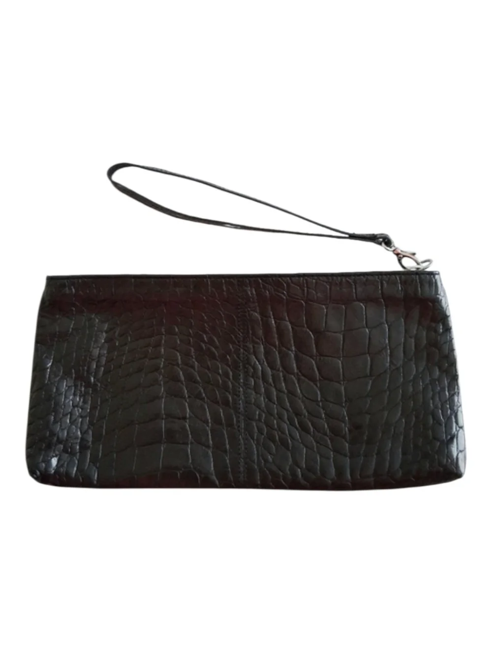 Lodis Crocodile Embossed Leather Wristlet Clutch Black